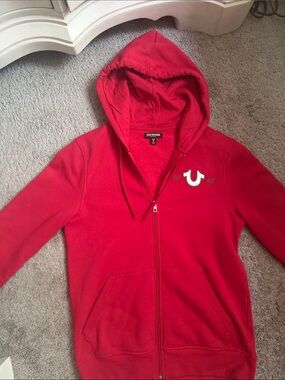True Religion Red Full-Zip Hoodie with Horseshoe Accent